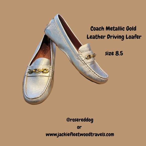 Coach Women's Metallic Gold Leather Loafers, Slip On Driving Shoes - Picture 1 of 13